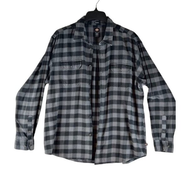 Flannel Shirt by Dickies Gray Black Plaid Cotton Relaxed Fit Sz XL Pockets - Picture 1 of 12